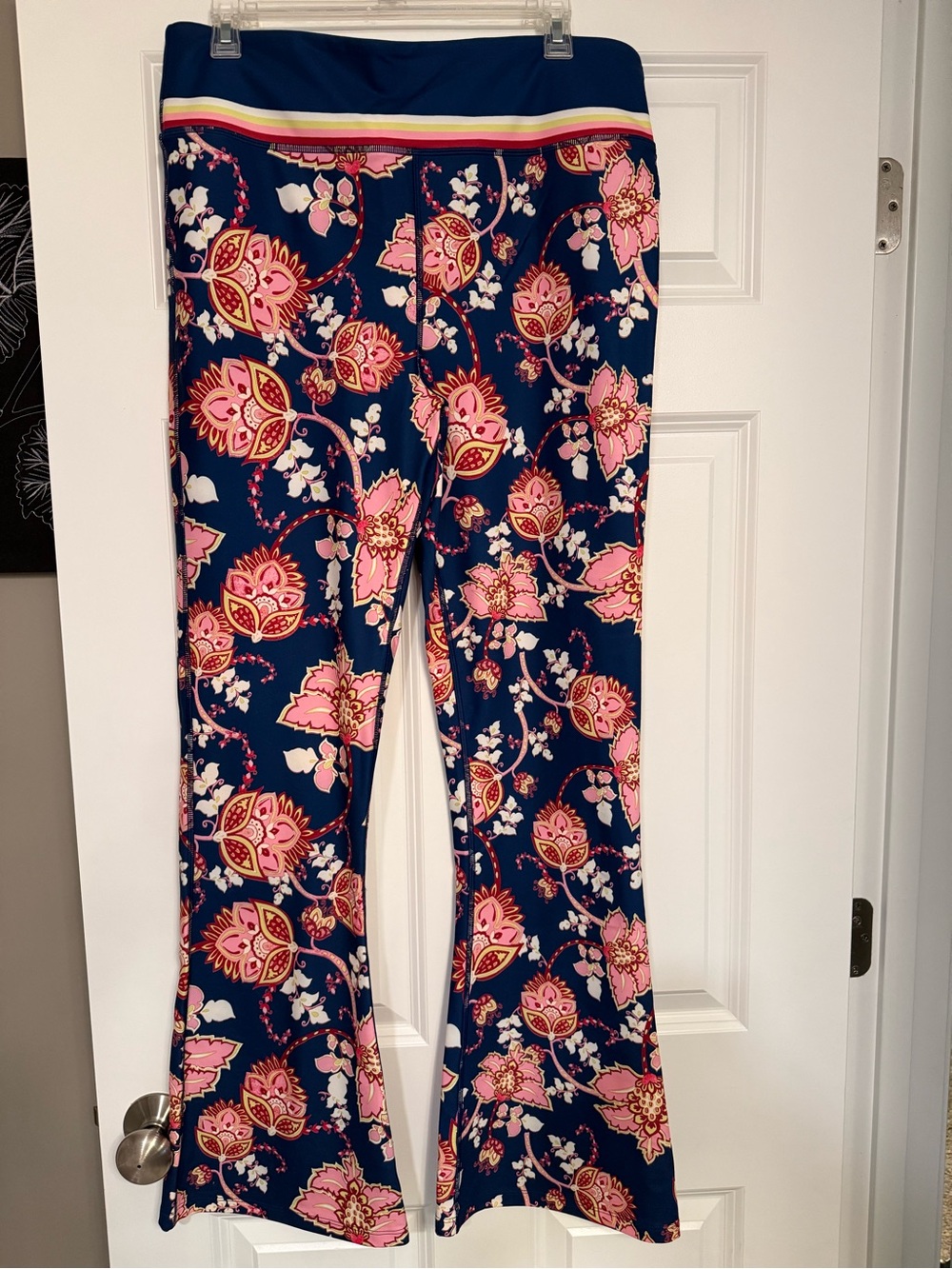 Johnny Was Navy Pink Floral Stretch Flare Pants